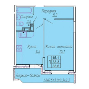 1 комнатная 35.6м²