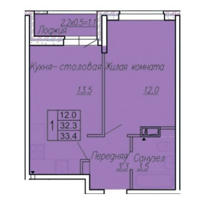 1 комнатная 33.4м²