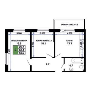 2 комнатная 52.9м²