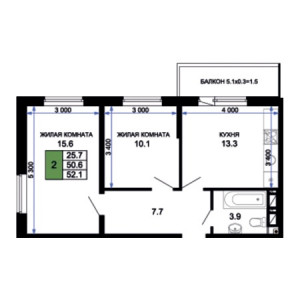 2 комнатная 52.1м²