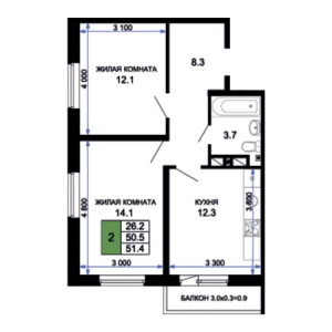 2 комнатная 51.4м²