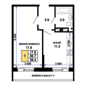 1 комнатная 38.4м²