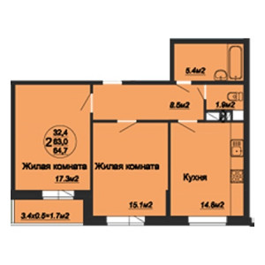 2 комнатная 64.7м²