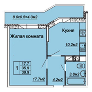 1 комнатная 39.9м²