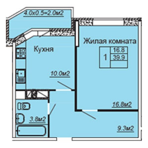 1 комнатная 39.9м²