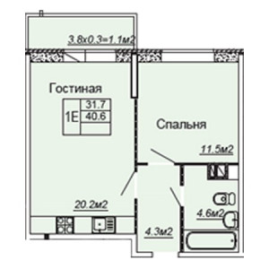 1 комнатная 40.6м²