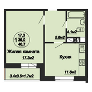 1 комнатная 40.7м²