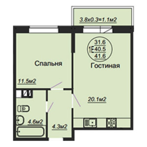 1 комнатная 41.6м²