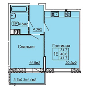 1 комнатная 41.7м²