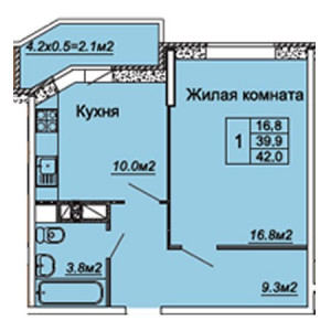 1 комнатная 42м²