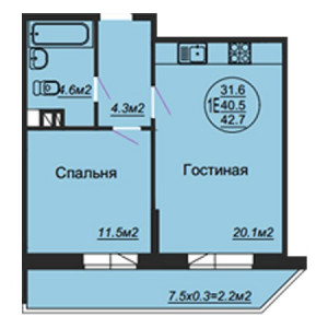 1 комнатная 42.7м²