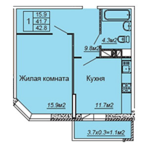 1 комнатная 42.8м²