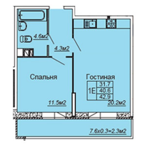 1 комнатная 42.9м²