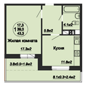 1 комнатная 43.3м²