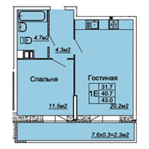 1 комнатная 43м²