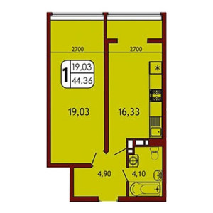 1 комнатная 44.36м²