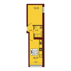 1 комнатная 35.43м²