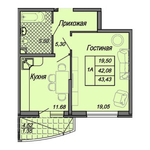 1 комнатная 43.43м²