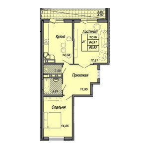 2 комнатная 68.93м²