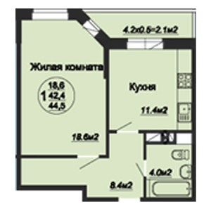 1 комнатная 44.5м²