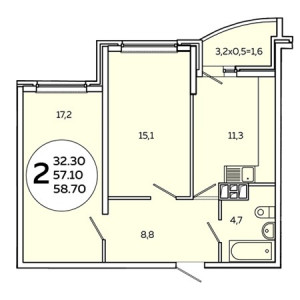 2 комнатная 58.7м²