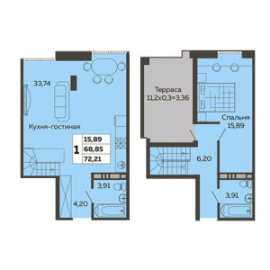 1 комнатная 72.21м²