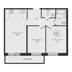 2 комнатная 56.7м²