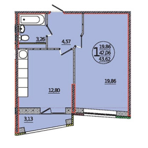 1 комнатная 43.62м²