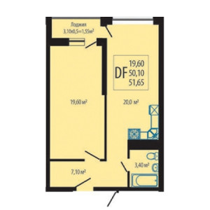 1 комнатная 51.65м²