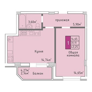 1 комнатная 43.25м²