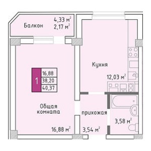 1 комнатная 40.37м²