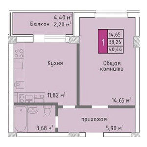 1 комнатная 40.46м²