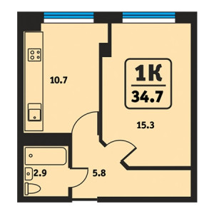 1 комнатная 34.7м²