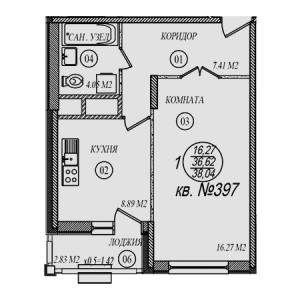 1 комнатная 38.04м²