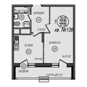 1 комнатная 37.05м²