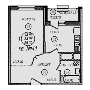 1 комнатная 35.3м²