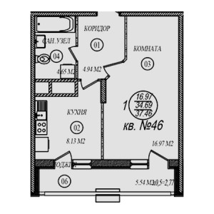 1 комнатная 37.46м²