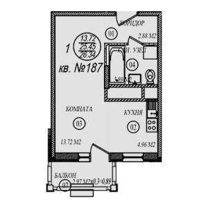 1 комнатная 26.34м²