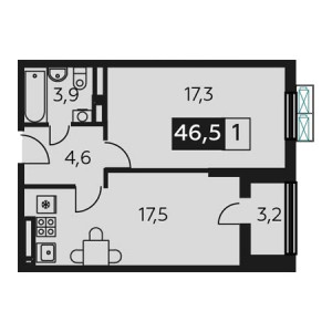 1 комнатная 46.5м²