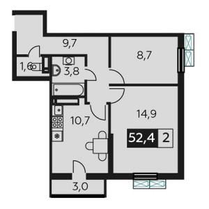 2 комнатная 52.4м²