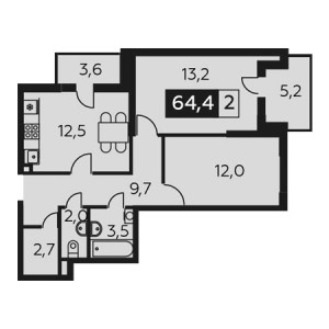 2 комнатная 64.4м²