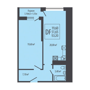 1 комнатная 53.2м²