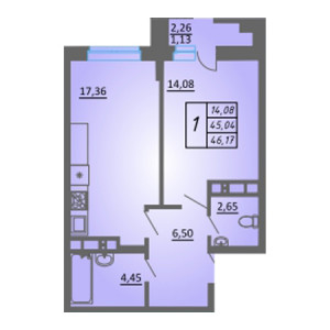 1 комнатная 46.17м²