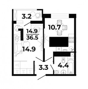 1 комнатная 36.5м²