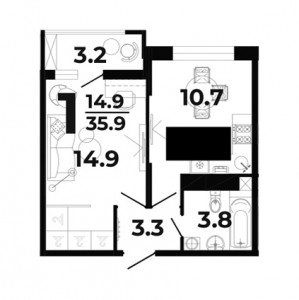 1 комнатная 35.9м²