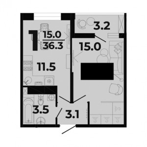 1 комнатная 36.3м²