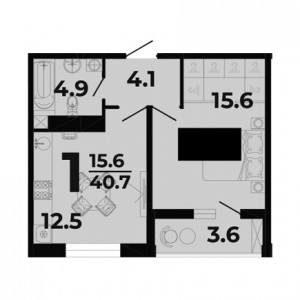 1 комнатная 40.7м²