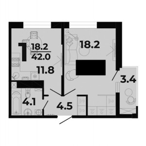 1 комнатная 42м²