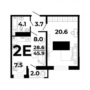 1 комнатная 45.9м²