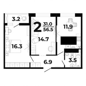 2 комнатная 56.5м²